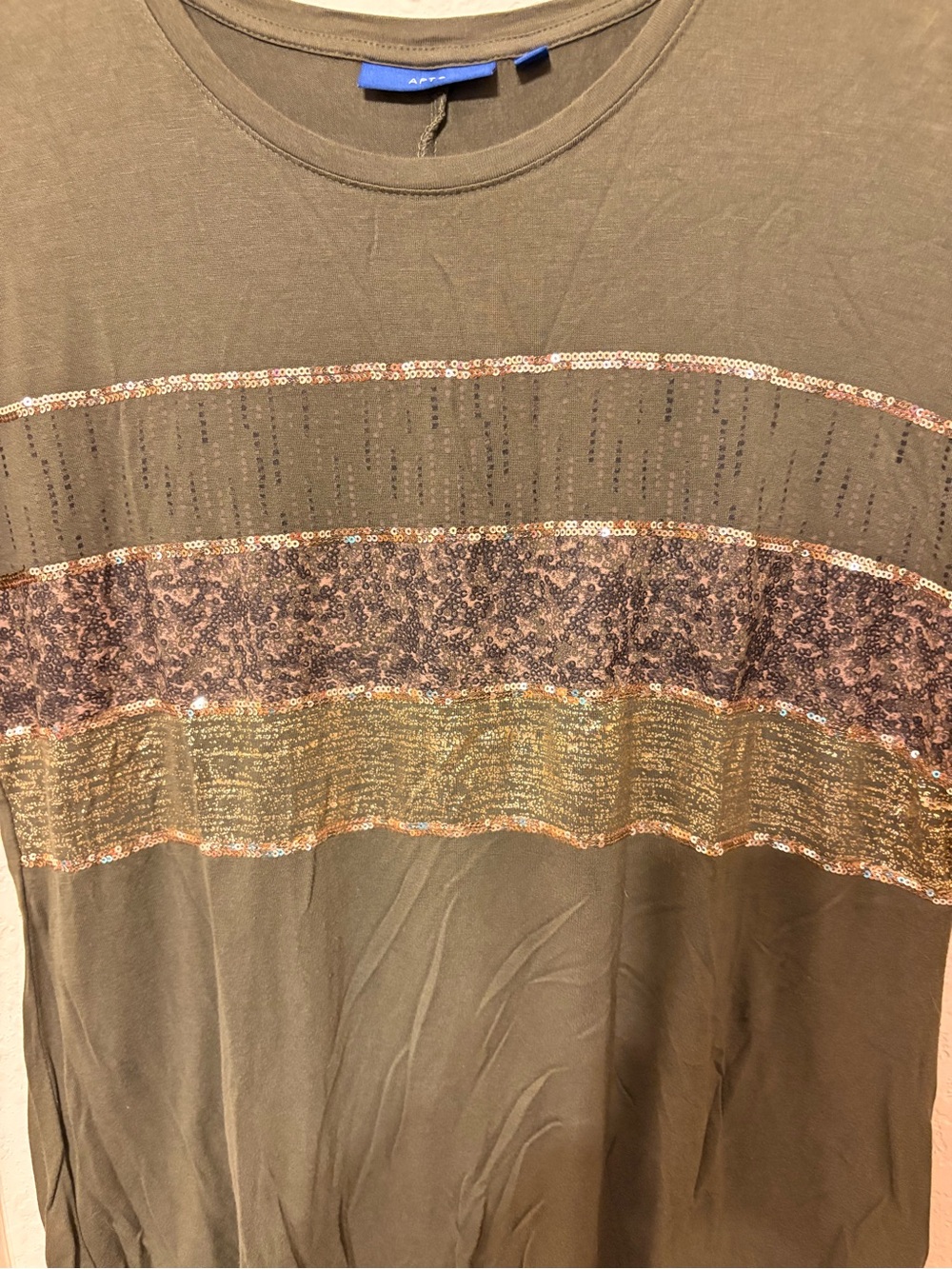 Apt. 9 Olive Green Short Sleeve Top with Gold & Bronze Sequin Bands